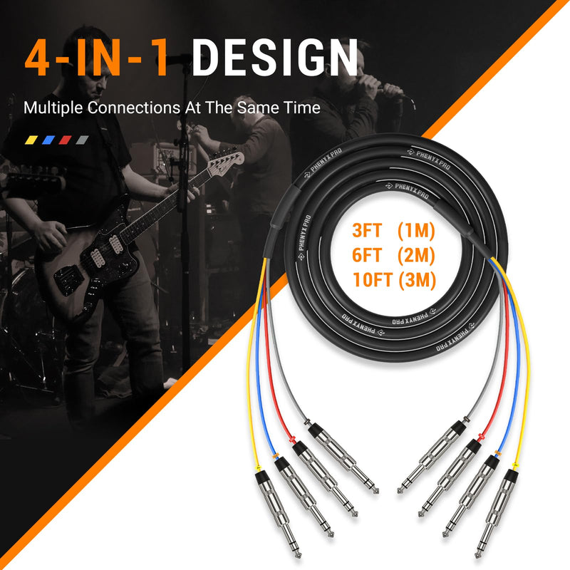 Phenyx Pro 4-Channel TRS Snake Cable, Color-Coded Patch w/24 AWG OFC Copper, 3 Ft Cable, 1/4" Audio Cable, TRS to TRS Balanced 1/4-Inch for Guitar, Bass & AMP (PCBL-QR4IN1-3) 3 Feet