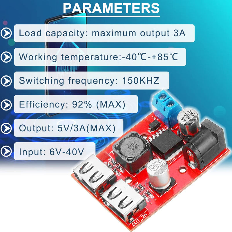 2PCS LM2596S Dual USB Port DC-DC Step Down Module 9V/12V/24V/36V to 5V Car Charger Solar 3A Power Supply Module Dual USB Output 150KHZ