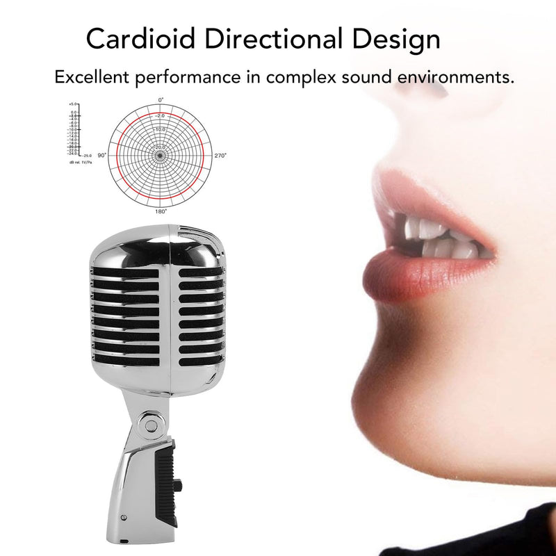 Retro Vintage Microphone, Zinc Alloy Self Tensioning Rotating Rack Dynamic Vocal Microphone with Sound, for KTV, Stage Performances (Silver)