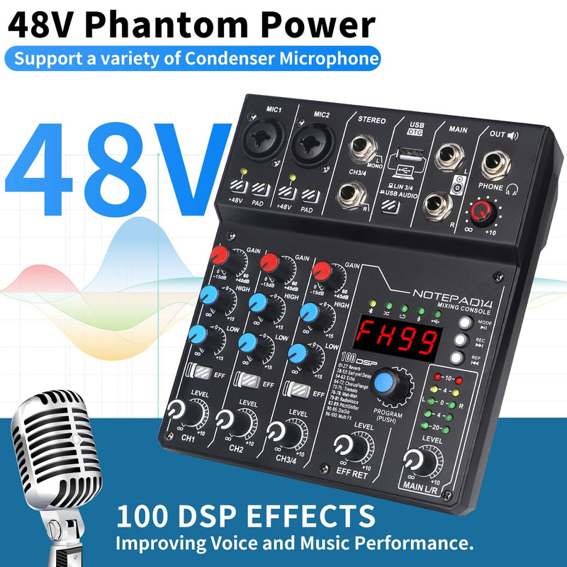 4 Channel Audio Mixer with 99 Sound Effects for PC,BT DJ Mixer Portable Sound Mixing Console with USB Recording Input for Live Streaming,Podcasting,DJ Show,Wedding