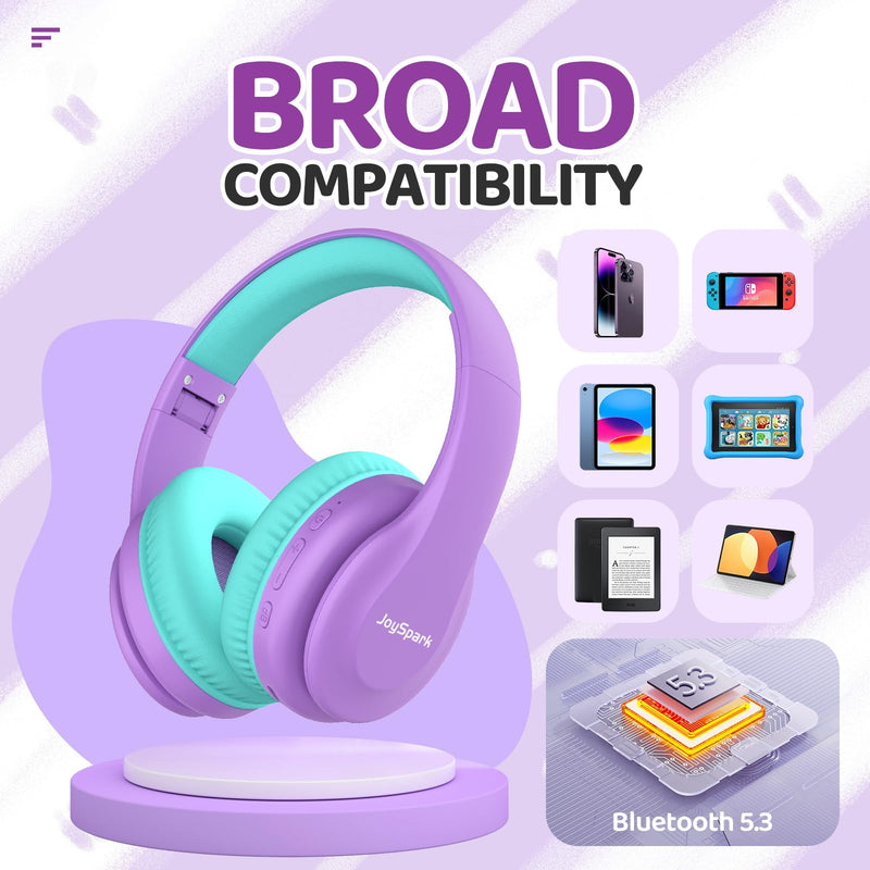 JoySpark Kids Bluetooth Headphones, Lightweight Kids Wireless Headphones for Kids, 85/94dB Volume Limited, 60 Hours Playtime, Bluetooth 5.3, Over-Ear Toddler Headphones with Built-in Mic-Purple Purple