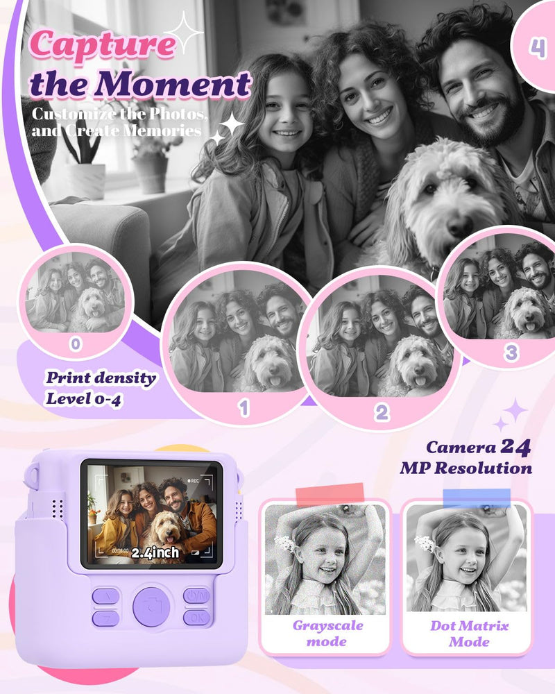 [AUSTRALIA] - Kids Camera Instant Print, 1080P Cameras for Kids Girls Toys Age 6-8, Christmas Birthday Gift for 7 8 9 10 Year Old Girls, Kids Toys for Girls Age 3-12 with 3 Rolls Paper and a 32G Card-Purple Purple 