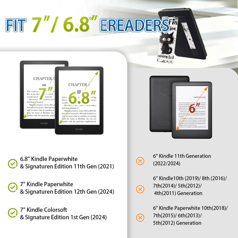 Cat Lover Gifts, Funny Black Cat Case for 7"/ 6.8" Kindle Paperwhite 12th/11th Gen, Everything is Fine PU Leather Cover with Auto Wake/Sleep, Birthday Gift for Cat Mom Lady