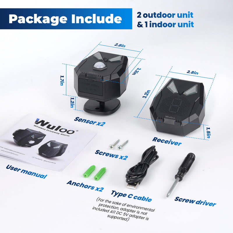 [AUSTRALIA] - Solar Wireless Driveway Alarm, Outdoor Motion Sensor Detector Alarms Driveway Alert System 2000ft Long Range with Rechargeable Battery, Outside Weatherproof / Expandable (1 Receiver and 2 sensors) 3 2 sensor and 1 receiver 