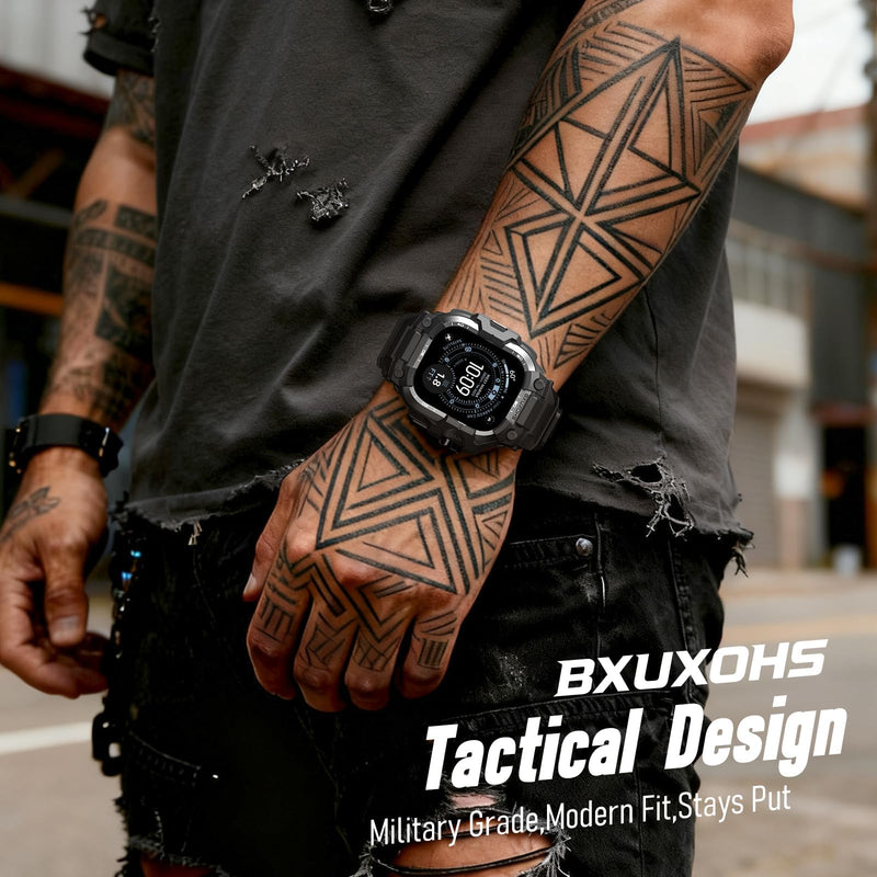 BXUXOHS Rugged Case and Band for Apple Watch Ultra 3/2/1 49mm Men, Military Grade Shockproof Bumper Cover, with 2 Pack Screen Protector, Tactical Band Case for iWatch Ultra 3 2 1 Man, Black 01-Pure Black 49mm - Ultra 3/Ultra 2/Ultra