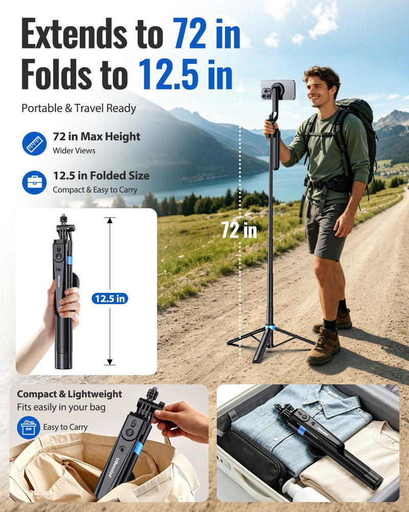 UBeesize 72” Auto Face Tracking Tripod for iPhone, MagSafe Selfie Stick with Remote, 360° Magnetic Phone Stand with Gesture Control for TikTok, Live Stream & Vlogging 72-in