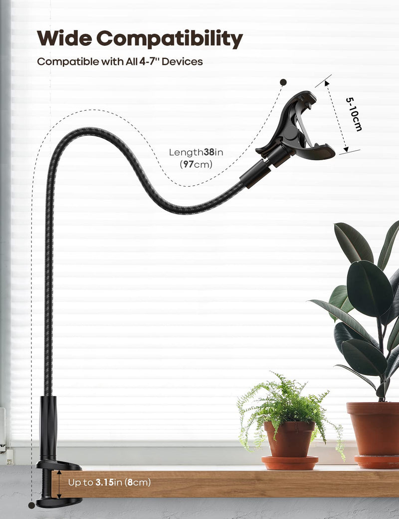 Lamicall Gooseneck Phone Holder Bed - [Nylon Braided] Flexible Arm, 38inch Overall Length, 360 Adjustable Clamp Clip, Overhead Cell Phone Mount Stand for Bed, Desk, 4-7” Cellphone Black