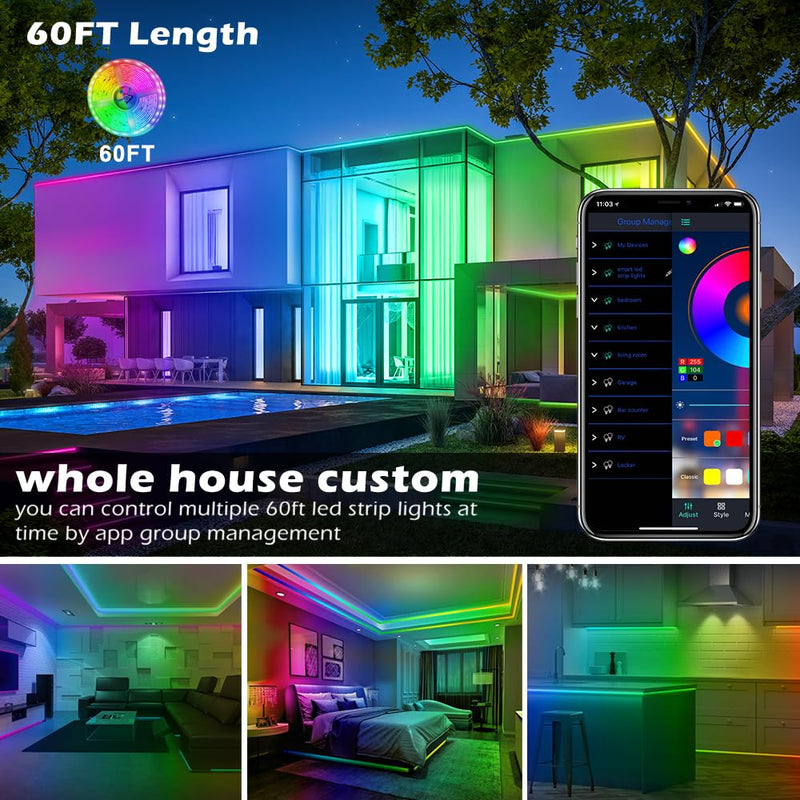 [AUSTRALIA] - AILBTON Led Strip Lights,60ft Music Sync Color Changing, Built-in Mic,Bluetooth App Control LED Tape Lights with Remote,5050 RGB Rope Light Strips 60FT 