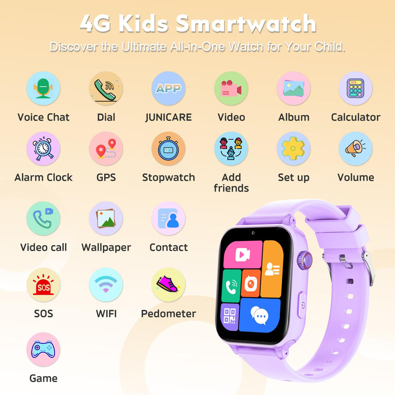 4G Kids Smart Watch with GPS Tracker for Boys Girls SOS Video Call 4G Purple