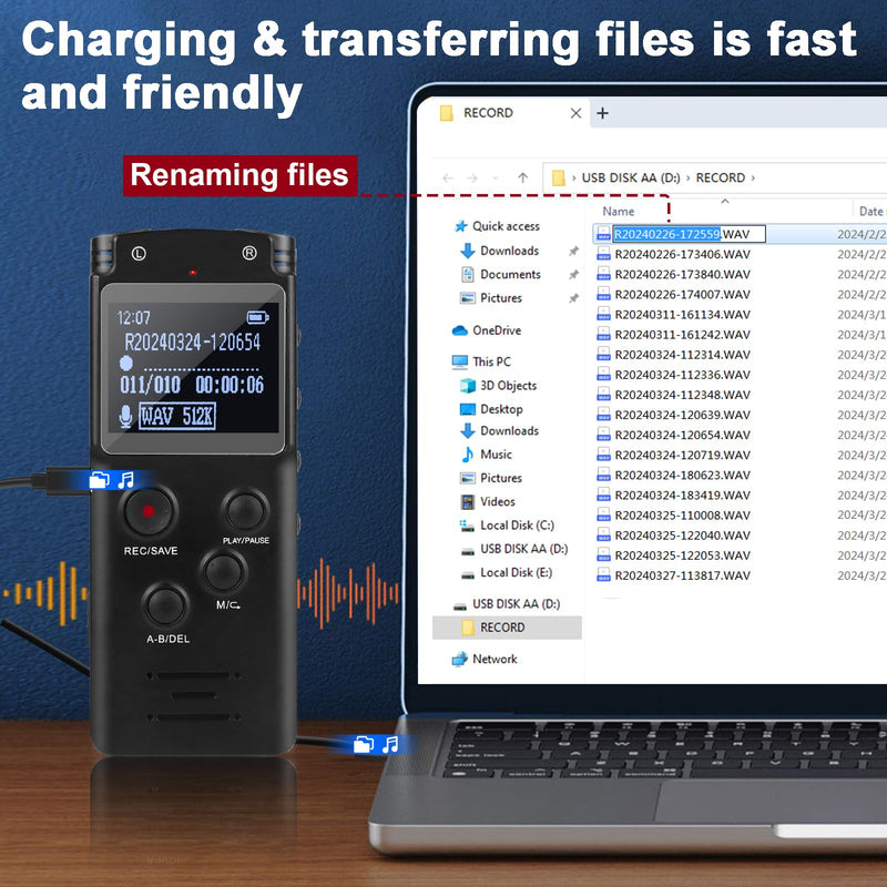 128GB Ultra-Large Screen Digital Voice Recorder Voice Activated Recorder for Lectures Meetings Classes, Audio Recorder with Playback, Password, Variable Speed, Tape Recorder USB Charge, MP3
