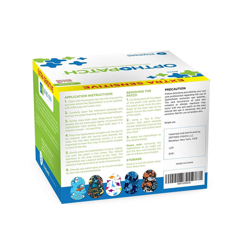 Kids Eye Patches - Fun Boys Design - 60+10 Bonus Latex Free Hypoallergenic Cotton Extra Sensitive Adhesive Bandages for Amblyopia & Cross Eye-3 Reward Chart Posters- OpthoPatch by Defined Vision