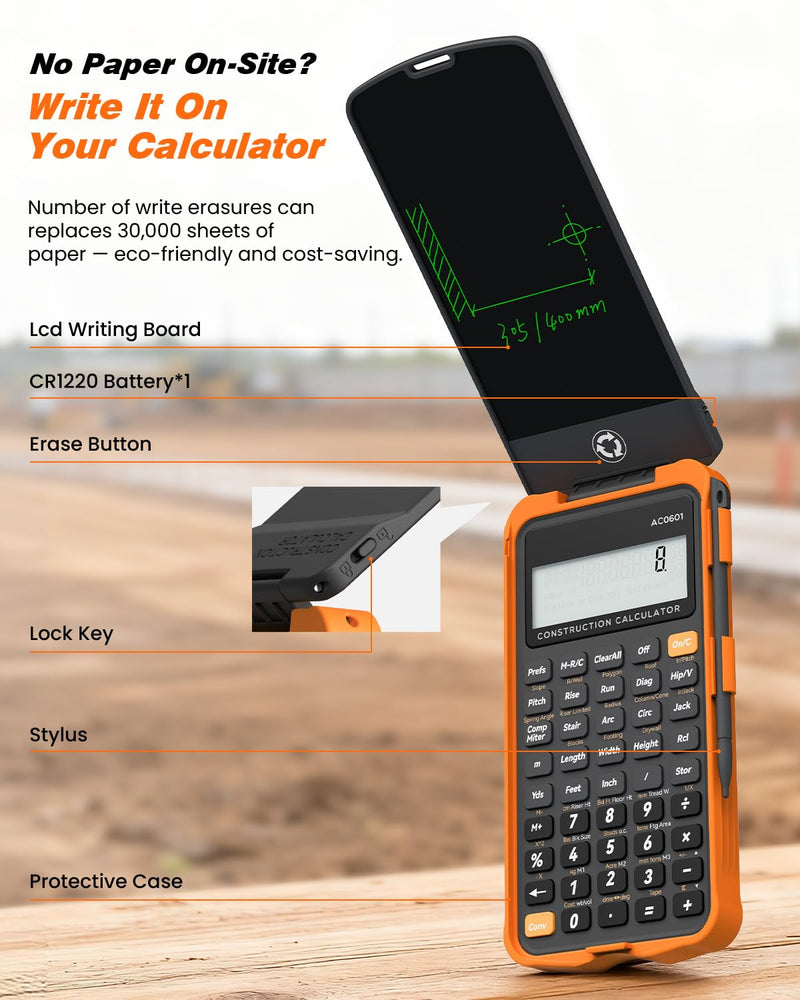 Construction Calculator with Writing Tablet Industrial & Scientific ROATEE Engineering Calculator for Contractor, Concrete Pocket Feet-inch-Fraction Calculators for Carpenter, Framer, Remodeler Gray Orange