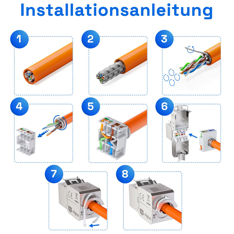 hb-digital 2 x CAT 6a Keystone Module RJ45 Socket STP 10 Gbit/s - Tool-Free LSA - with 1x 2-Port 35 mm DIN Rail Metal DIN Rail Adapter Keystone Holder Ethernet LAN Network Switch