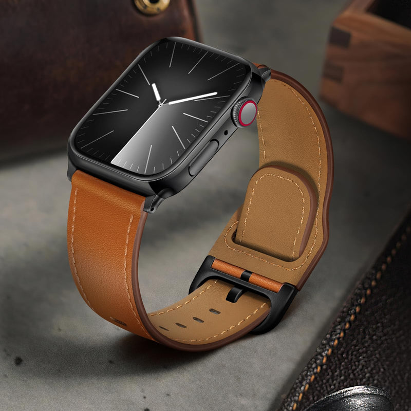 Compatible with Apple Watch Bands 42mm (Series 10) 41mm 40mm 38mm for Men Women, Top Grain Genuine Leather Band Strap Wristband for iWatch, Black/Black+Retro Brown/Black