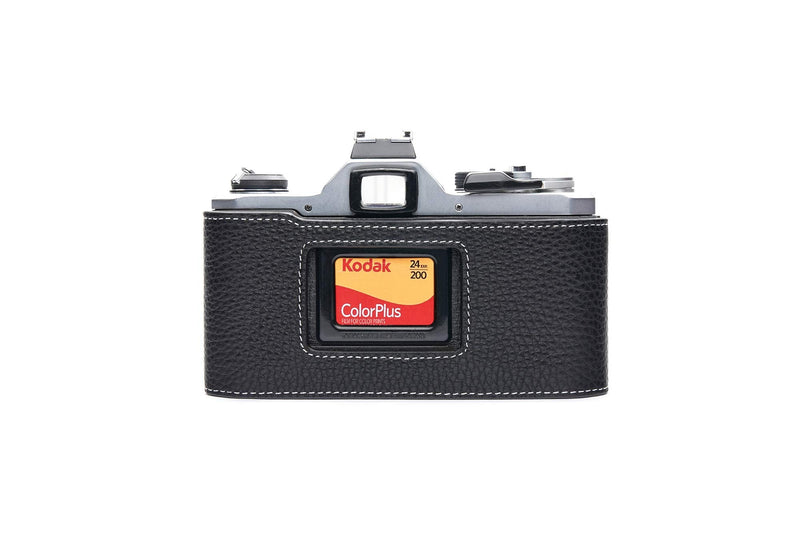 Pentax MX ME Case, BolinUS Handmade Genuine Real Leather Half Camera Case Bag Cover for Pentax MX ME Camera with Hand Strap (Black) Black