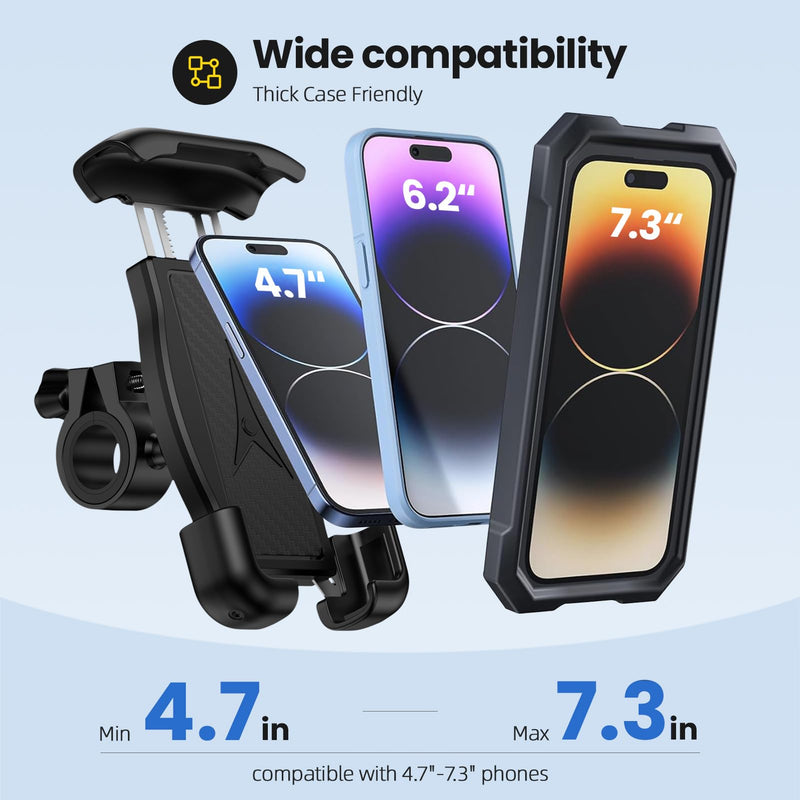 Bike Phone Holder, Motorcycle Phone Mount 360°Rotatable Handlebar Cell Phone Clamp Scooter Phone Clip for iPhone 15 Pro Max/Plus,14/13/12/11,Galaxy S24 Ultra/S23/A15/A54/S9 and More 4.7"-7.3" Phones