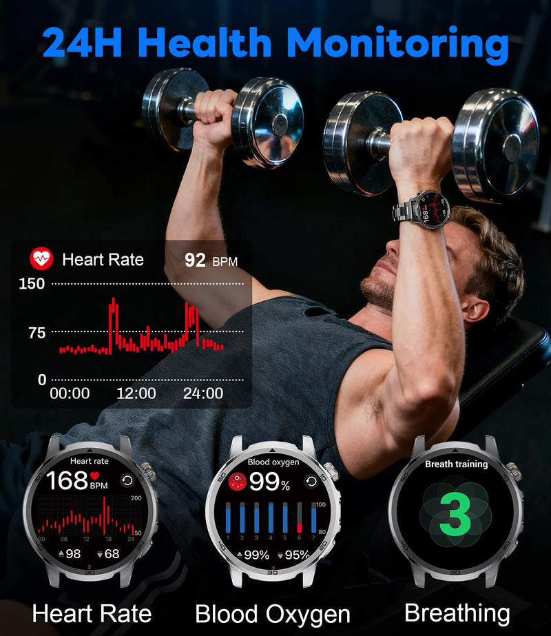 Military Smart Watch for Men Answer/Make Call, 1.85'' HD Rugged Smartwatch with 1000mAh Battery/Flashlight/Heart Rate/110+ Sports Mode, IP68 Waterproof Fitness Tracker Watch for Android iPhone Black
