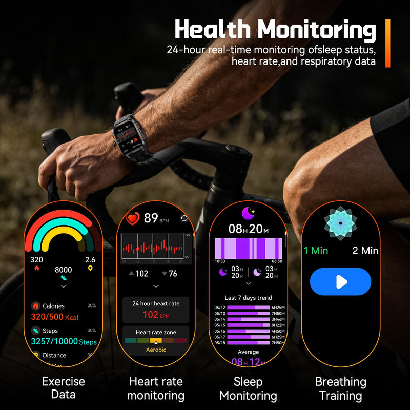 Military Smart Watches for Men (Answer/Make Call) 1.96" HD Big Screen | Rugged Tactical Smartwatch with LED Flashlight/880mAh/3ATM Waterproof/HR/Sleep Monitor, Fitness Tracker for iPhone Android Black