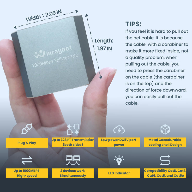 ethernet Splitter 1 to 2，Ethernet hub 2 Port Network LAN Adapter, 1000Mbps Network LAN Adapter for Cat 5/6/7/8 Cable, (2Pack*1GB Network Cable Splitter)