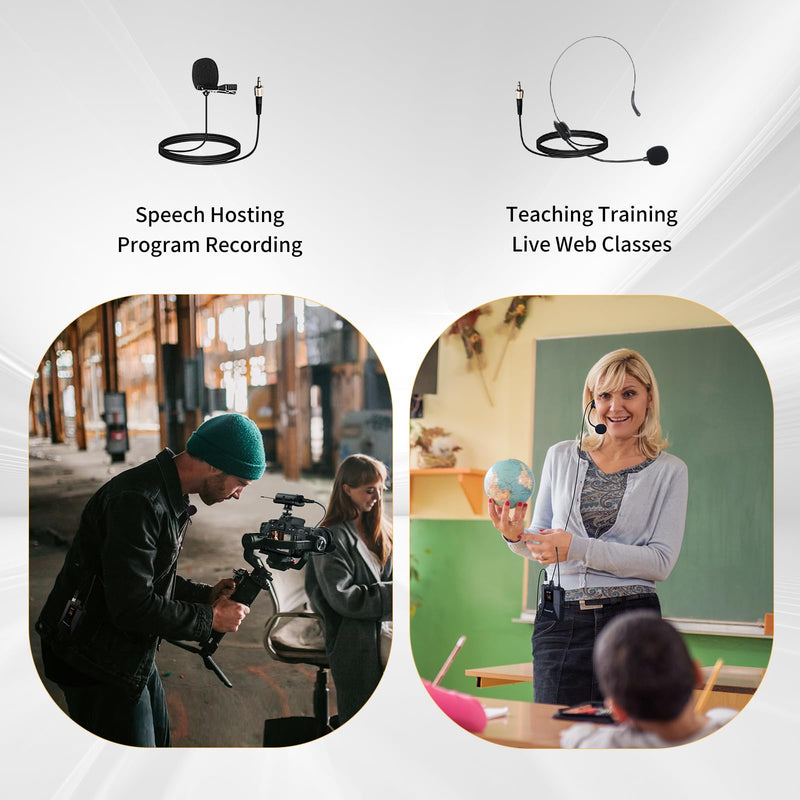 Depusheng UHF Microphone System -Wireless Microphone Set with Headset and Lavalier Lapel Mics, Beltpack Transmitter and Receiver,200ft Range, for Recording PA Speaker,Conference Q6MIC2