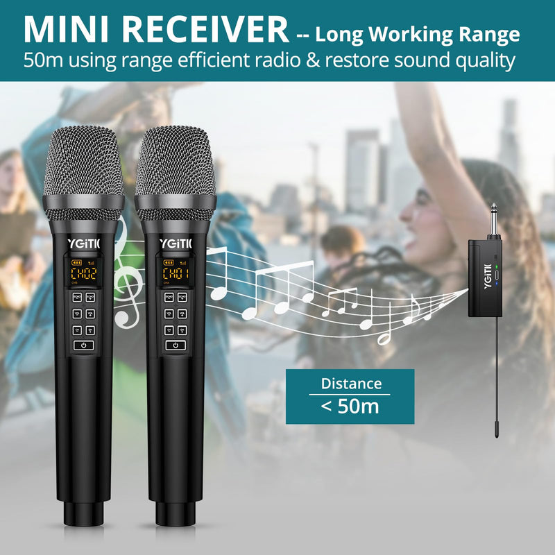 Wireless Microphone, UHF Metal Dual Handheld Cordless Dynamic Mic System with Rechargeable Receiver 2X30 Channels Wireless Microphones System ECHO Adjust 160ft Range for Singing, Wedding