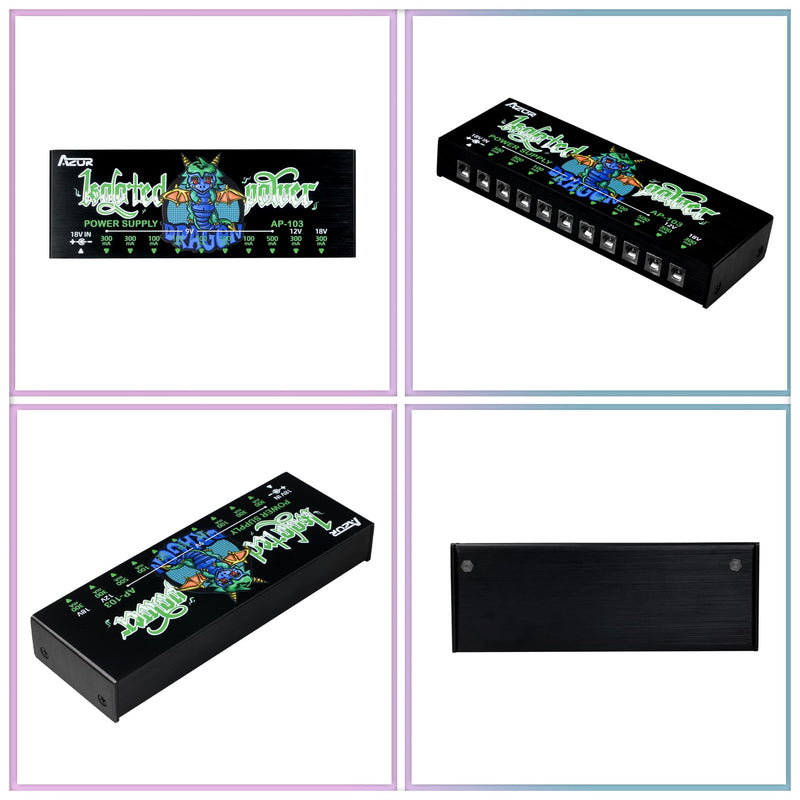 AZOR AP-103 Guitar Pedal Power Supply, True Isolated Pedalboard Power Supply with 10 Totally Isolated DC 9V/12V/18V Outputs(100mA/300mA/500mA), Noiselessly - Reliable Guitar Pedal Board Power Supply