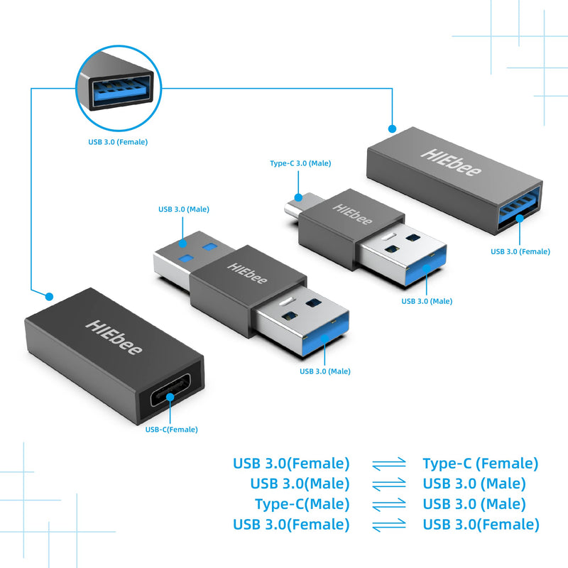 USB 3.0 A to A Male Adapter, USB Female to Female Adapter, USB Type-C to USB A Male Adapter, USB 3.0 Female to USB C Female Adapter Connector Compatible with Hard Drive, Laptop etc 4 in 1 Pack