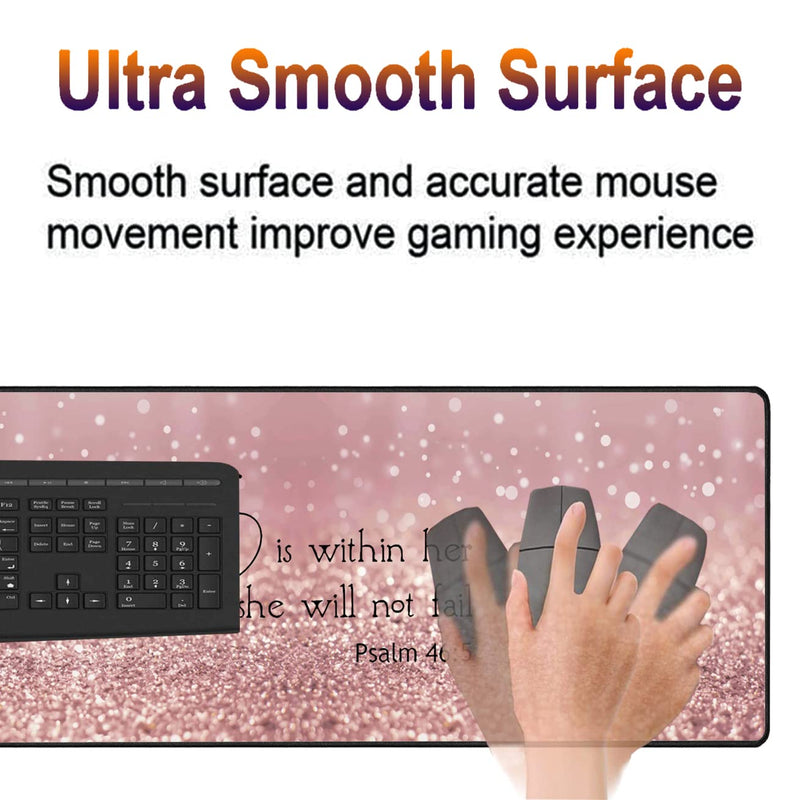 XMTMR-Glass Extended Gaming Mouse Pad with Seam, Long XL Desktop Keyboard Pad, Suitable for Work/Game/Office/Home, Butterfly Wrist Rest Pad and Coaster, Pink Glitter Quotes Psalm 46:5 Xg-g4-bc 001