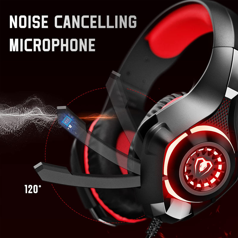 Gaming Headset for PS4 PS5 Xbox One Switch PC with Noise Canceling Mic, Deep Bass Stereo Sound (Black Red) Black Red