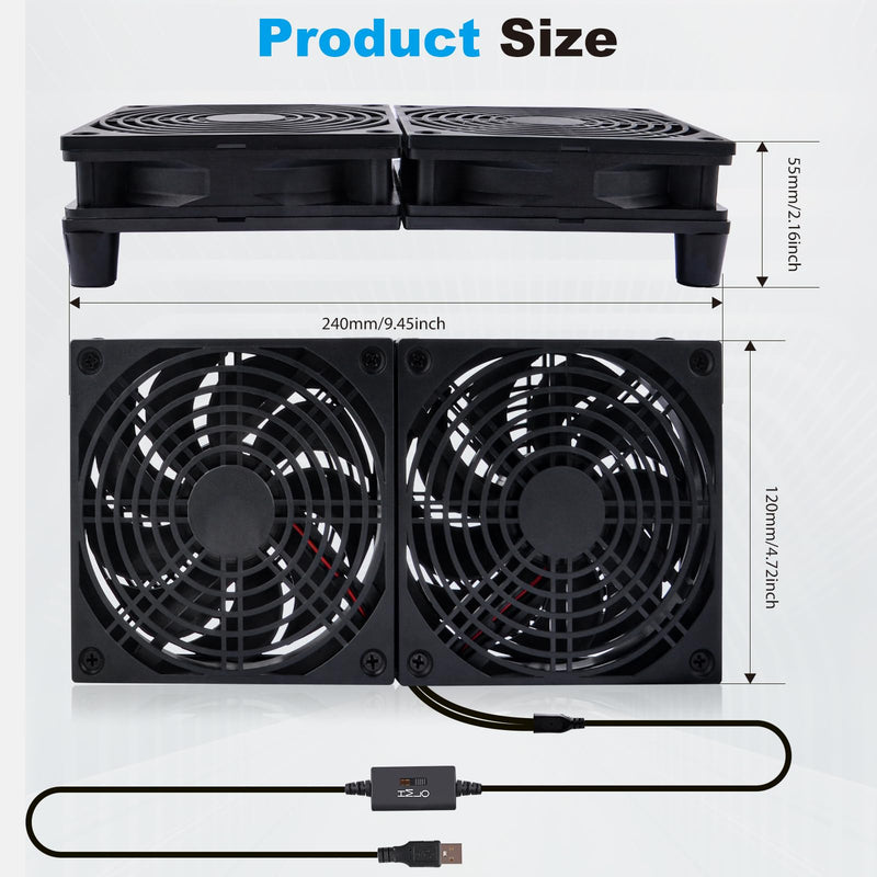 Quiet Dual 120mm USB Fan Dual-Ball Bearings, USB Fan 5V, with L/M/H 3-Degree Speed Controller High Airflow Cooling Fan for Router Modem Receiver DVR PlayStation Xbox TV Box