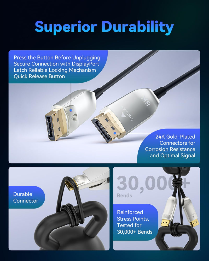 54Gbps Fiber Optic Displayport 2.1 Cable 10FT 8K@120Hz 4K@240Hz | Active Lossless Long-Distance Transmission, Flexible DP Cable for Gaming/Monitor/Graphics Card/FreeSync/G-Sync/TV/PC Silver