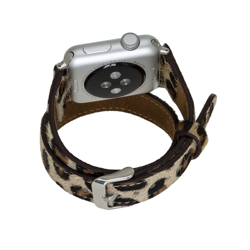 Venito Serena Slim Double Wrap Leather Watch Band Compatible with Apple Watch iwatch Series 1, 2, 3, 4, 5, 6, 7, SE (Furry Leopard w/Silver Stainless Steel Hardware, 38mm-40mm)