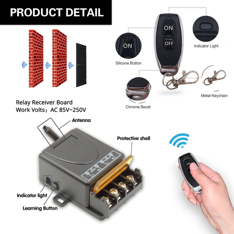 DieseRC 433Mhz Wireless Remote Control Switch AC 110V 120V 240V 220V 30A Relay Receiver with 2 Transmitters for Light Water Pump Household Appliances Farm Irrigation and Electrical Equipment