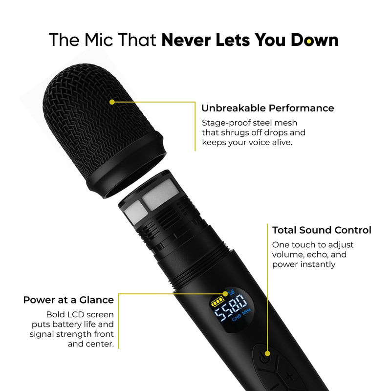 [AUSTRALIA] - Bowens Wireless Microphone System – Karaoke Microphone Wireless with Receiver, Echo Control, LCD Display, USB-C Charging, 6.35mm Adapter – Cordless Mic for Singing, Speaking Parties, Events 