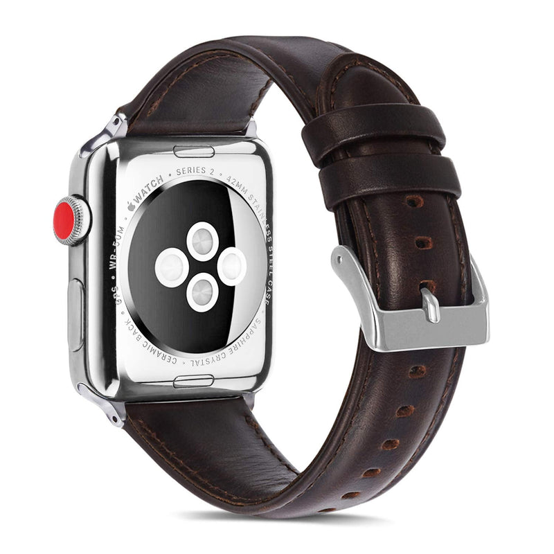 Speidel 38/40/41 and 42/44/45mm Genuine Luxury Black OR Brown Leather Band with Stainless Steel Adapters and Buckle Compatible for use with the Apple Watch. 38mm/40mm Brown w/Silver Adapter