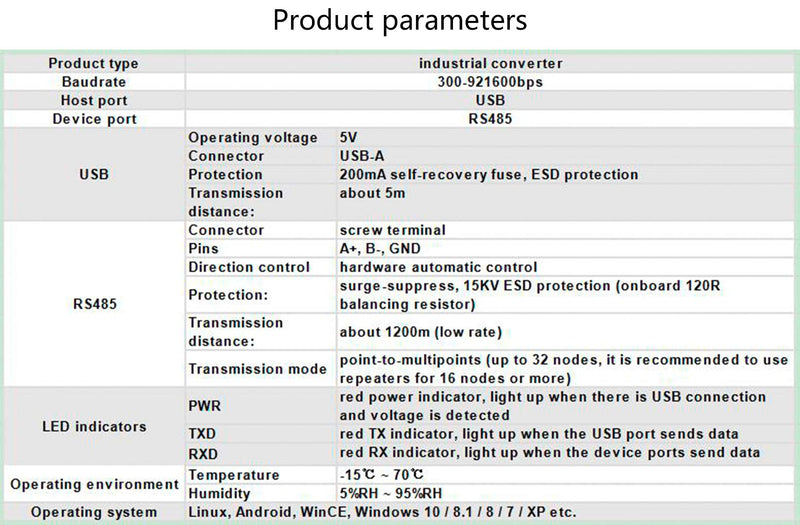 Industrial USB to RS485 Converter Adapter Original FT232RL Fast Communication Embedded Protection Circuits Resettable Fuse ESD Protection TVS Diode etc Automatic Transceiving