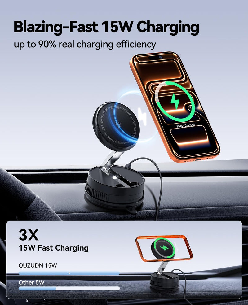 2026 Upgraded 15W MagSafe Car Mount Charger,Magnetic Wireless Car Charger,360° Rotatable Strong Hold Car Phone Mount with Vacuum Suction Cup & Nano Adhesive Base for iPhone 17 16 15 14 13 12,Samsung