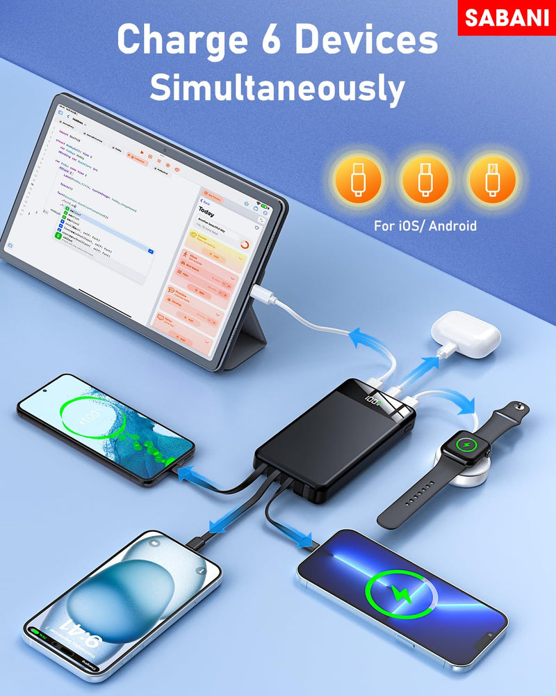 SABANI Portable Charger 35000mAh Power Bank - Portable Battery with 4 Built in Cables, 22.5W Fast Charging Battery Pack Compatible with iPhone 16 15 14 13 Samsung Android Phone etc (1 Pack, Black) A-Black