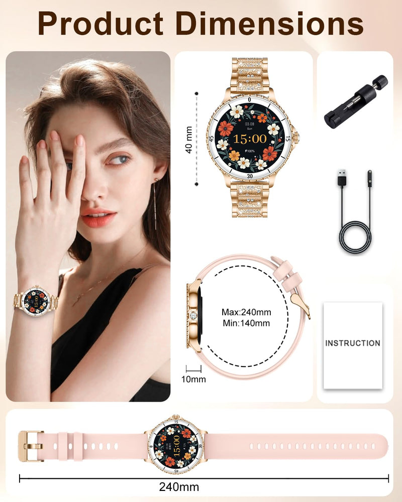Smart Watches for Women(Answer/Make Call) with Diamond, 1.27" HD Bluetooth Smartwatch for Android iOS Phones, IP68 Fitness Tracker with Heart Rate SpO2 Sleep Monitor, 120+ Sport, Rosegold Rose Gold