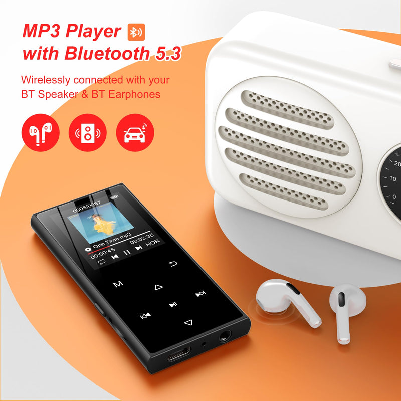 128GB MP3 Player with Bluetooth 5.3 - SWOFY D50 Music Player with Built-in HD Speaker, FM Radio, Voice Recorder, HiFi Sound, E-Book, Earphones Included