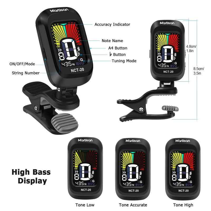 Clip-On Tuner for Guitar, Bass, Ukulele, Violin, Viola, Chromatic Tuning Modes, 360 Degree Rotating, Fast & Accurate, Easy to Use