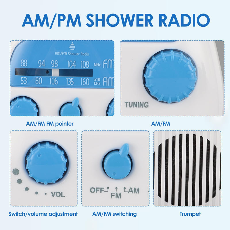 Shower Radio Built in Speaker, Hanging Bathroom Radio with Rotating Knob for Easy Tuning and Volume Control.