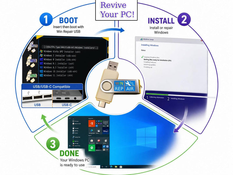 13-in-1 Windows Repair & Reinstall Bootable USB Toolkit | 64GB USB-A/USB-C toolkit for Windows 11/10/7/XP/2000, UEFI/Legacy boot, WinPE, drivers and password reset, no TPM required