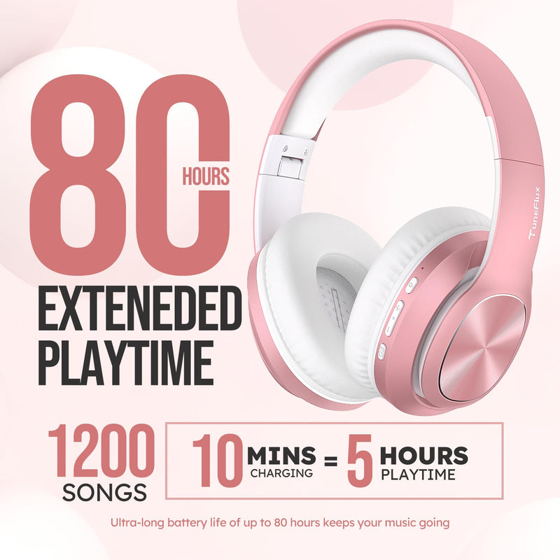 Wireless Bluetooth Headphones Over Ear, 80H Playtime, 3EQ Sound Modes, HiFi Stereo Headphones with Deep Bass, Foldable Bluetooth 5.3 Headphones for Smartphone/PC/Computer-Rose Gold Rose Gold