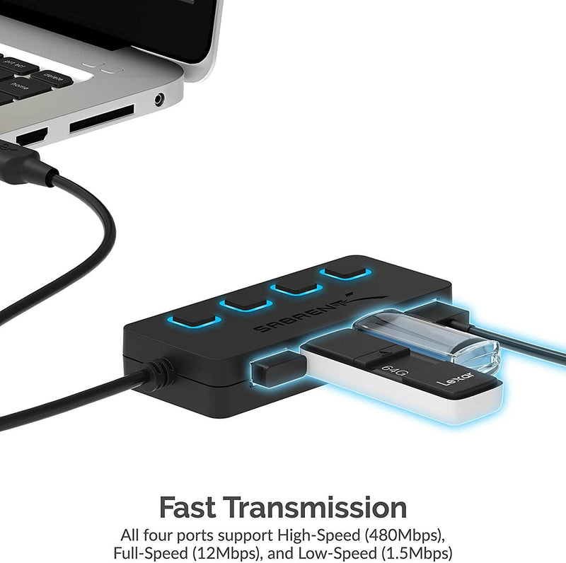 SABRENT 4-Port USB 2.0 Data Hub, LED Power Switches (HB-UMLS) | Individual LED-lit power switches; data only (charging not supported); for Mac & PC USB-A 4-Port