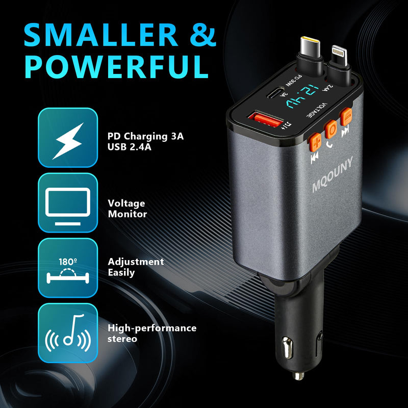 [AUSTRALIA] - Retractable Car Charger,5 in 1 Fast Cars Phone Charger 60w,Bluetooth 5.3 FM Transmitter Adapter,Handsfree Call,MP3 Player,2 Retractable Cables and USB Chargers, for Phone,Galaxy,Pixel (Black) Black 