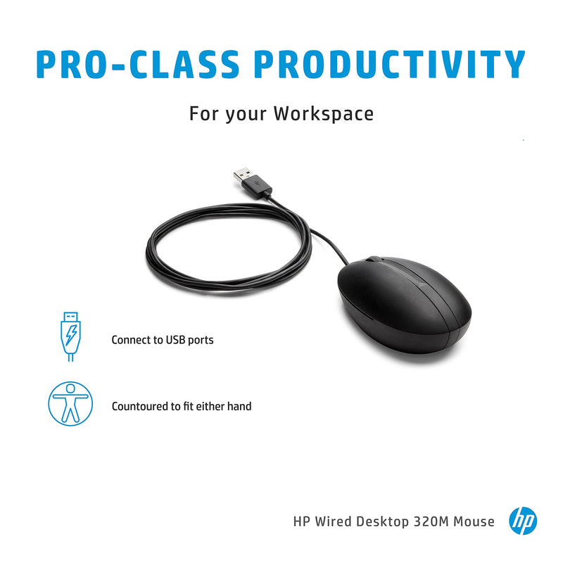 HP Wired Desktop 320M Mouse - Optical - Cable - USB - 1000 dpi - Scroll Wheel - Symmetrical