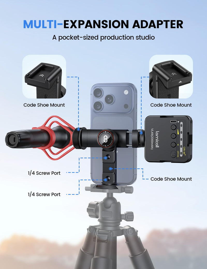[AUSTRALIA] - Lamicall Aluminum Phone Tripod Mount with 3 Cold Shoes & Arca Port & 1/4" Thread, [Wider Clamp] Camera Phone Holder Adapter Valentines Day Gift for iPhone 17 Smartphone Tripod Cell Phone Holder 