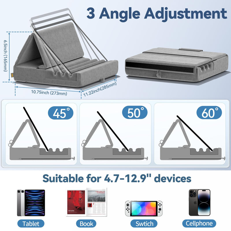[AUSTRALIA] - KDD Tablet Pillow Holder, Foldable iPad Stand for Lap, Bed and Desk -Tablet Soft Pad Dock with Pocket & Stylus Mount Compatible with iPad Pro 12.9, 10.5, 9.7 Air Mini 6 5 4 3, Galaxy Tab, E-Reader Gray 
