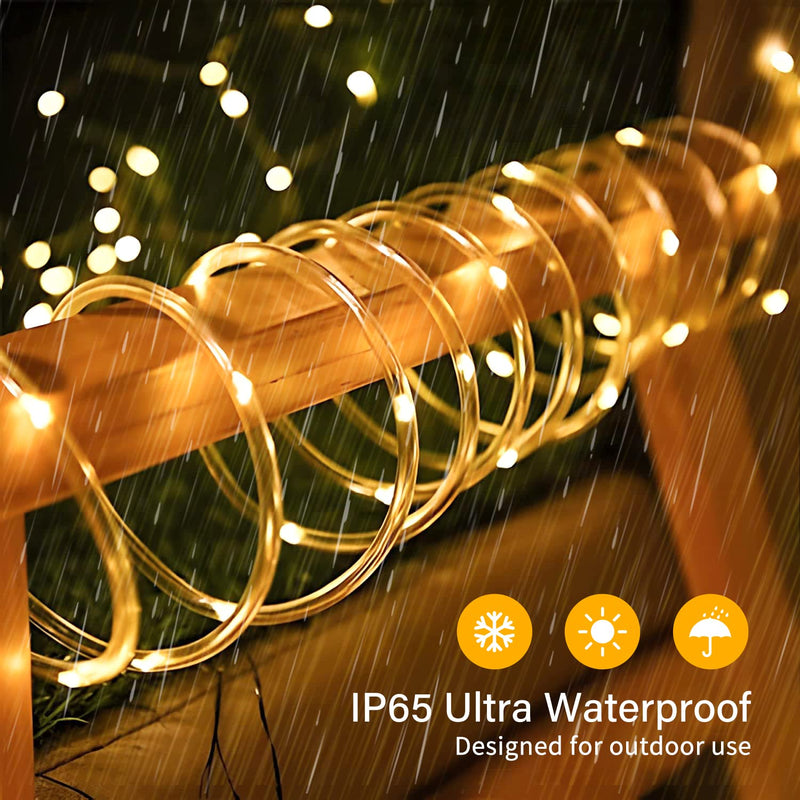 Battery Operated Rope Lights Outdoor Waterproof, 2 Pack Total 200 LED 66Ft Battery Powered String Lights, 8 Modes Christmas Lights for Party Garden Walkway Patio Decorations (Warm White) Warm White